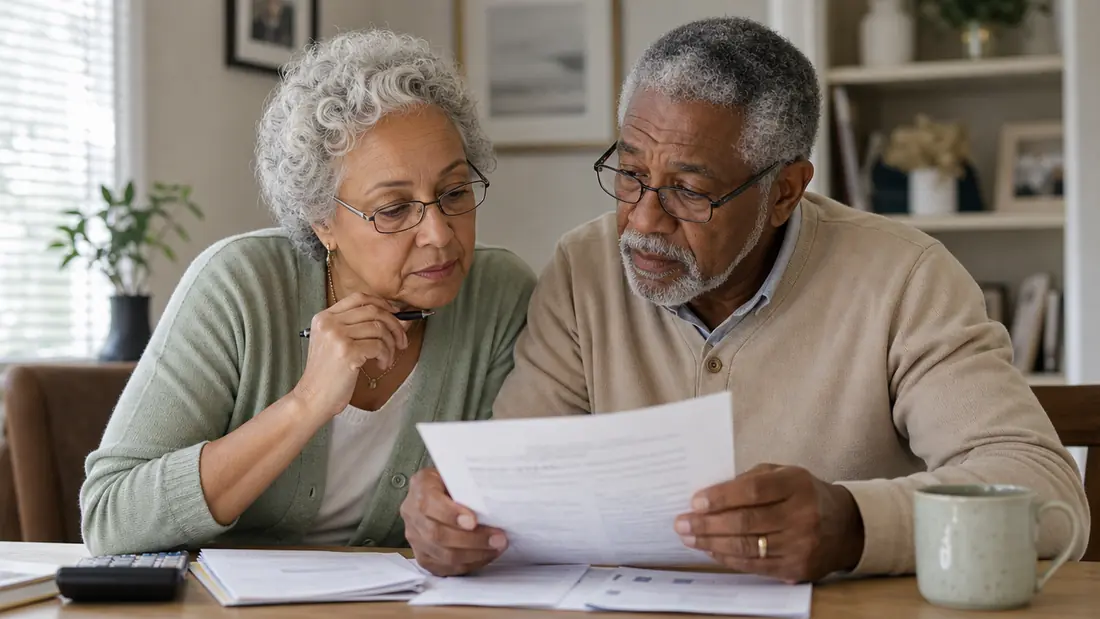 A senior couple reviewing their Medicare paperwork together at the kitchen table